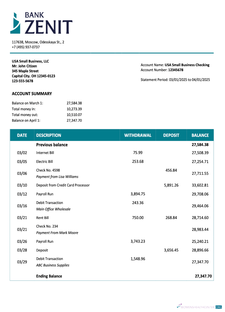 Download Russia Zenit company checking account statement Word and PDF template Photoshop template
